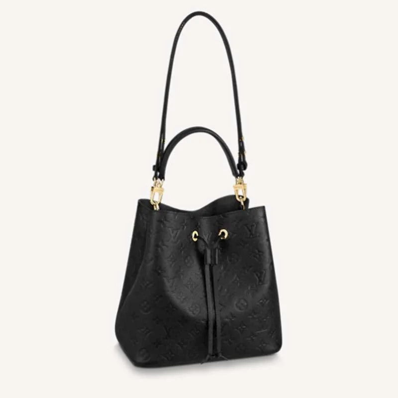 Louis Vuitton handbags with a beaded trim for a touch of glamourLouis Vuitton LV Women NéoNoé MM Bucket Black Embossed Monogram Empreinte Grained Cowhide