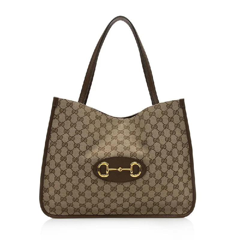 Women Gucci tote bags in GG Supreme canvas for a branded feelGucci GG Canvas Leather Horsebit 1955 Tote (SHF-11689)