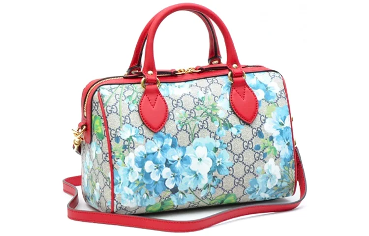 Women Gucci bags with a zippered interior pocket(WMNS) GUCCI Blooms Logo Printing Boston handbag Small Blue / Red Classic 546314-KU2IG-8492