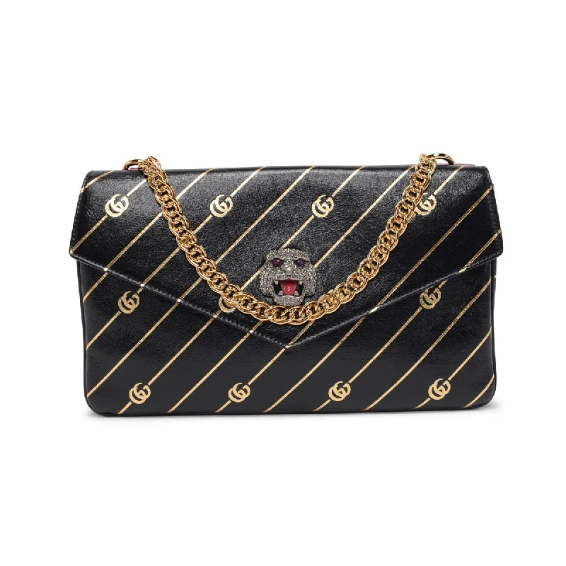 Women Gucci Sylvie bags with a leather - wrapped handleGucci Black & Red Calfskin Medium Thiara Double Bag