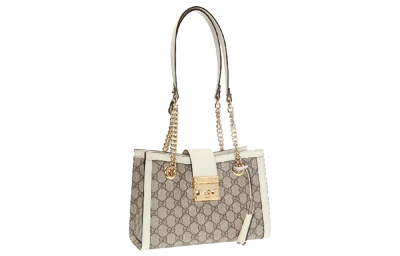 Women Gucci Sylvie bags featuring the signature web stripe(WMNS) GUCCI Padlock Metallic Logo Canvas Chain handbag Small / White 498156-KHNKG-9761