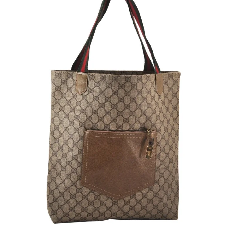 Women Gucci tote bags in GG Supreme canvas for a branded feelAuthentic GUCCI Web Sherry Line Shoulder Tote Bag GG PVC Leather Brown 7696K