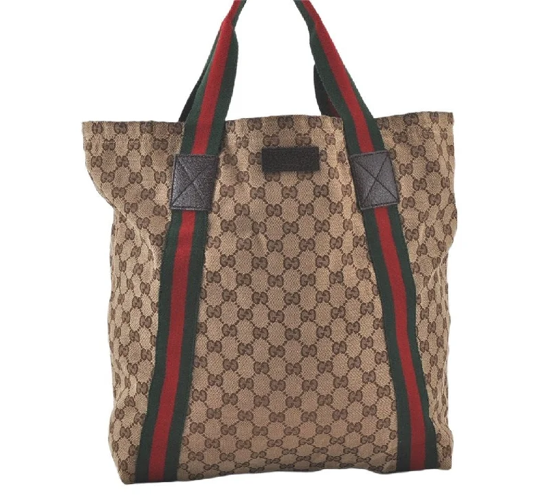 Women Gucci Sylvie bags with a leather - wrapped handleAuthentic GUCCI Web Sherry Line Shoulder Tote Bag GG Canvas Leather Brown 7684K