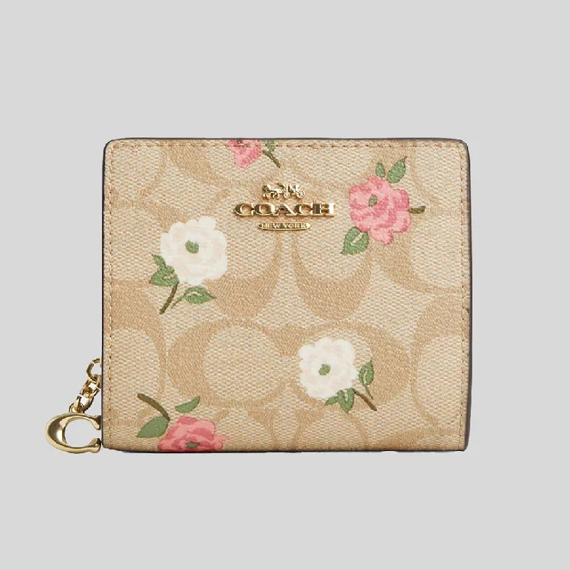 Ladies Coach crossbody bags with a single - strap design for simplicityCOACH Snap Wallet In Signature Canvas With Floral Print Khaki Chalk Multi CR969