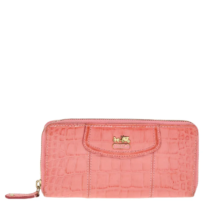 Coach bags with a detachable mirror inside for quick touch - upsCoral Pink Croc Embossed Leather Zip Around Wallet