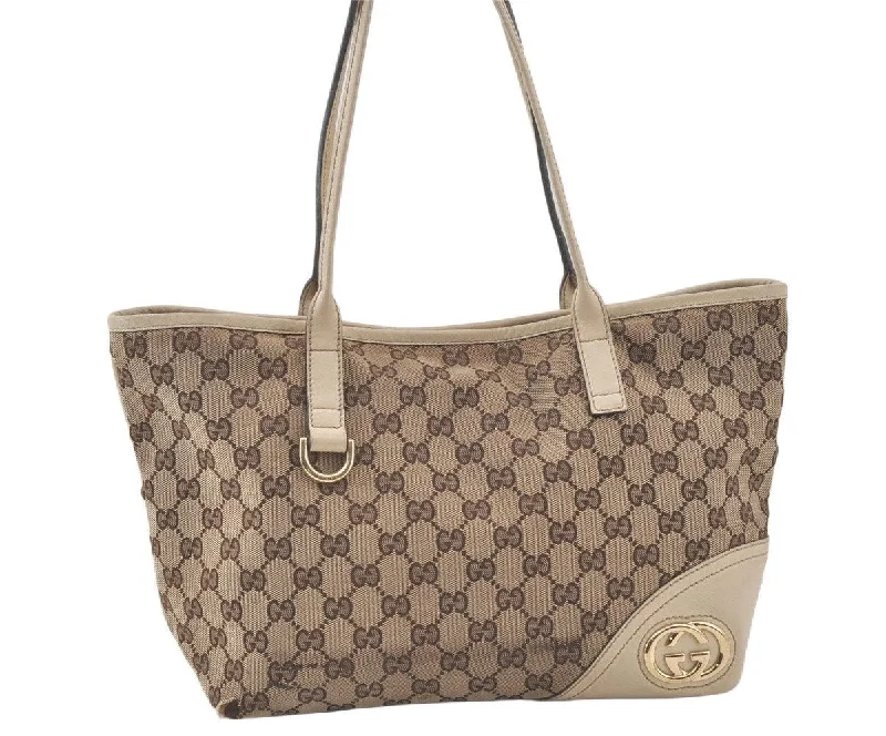 Ladies Gucci shoulder bags with a wide - width strapAuthentic GUCCI New Britt Shoulder Tote Bag GG Canvas Leather 169946 Brown 7659K