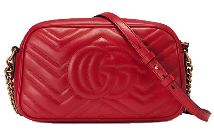 Gucci handbags for women with a beaded trim(WMNS) GUCCI GG Marmont Gold Logo Leather Chain Small Red Classic Shoulder Messenger Bag 447632-DTD1T-6433