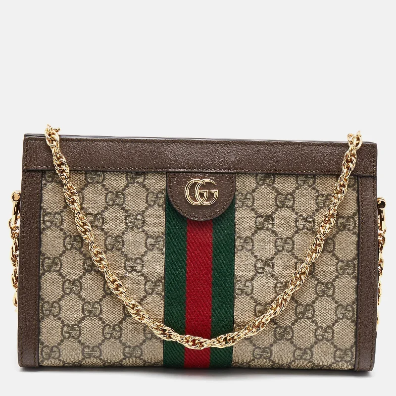 Women Gucci bags with a magnetic snap closure for easy accessGucci Beige/Brown GG Supreme Canvas  Ophidia Shoulder Bag