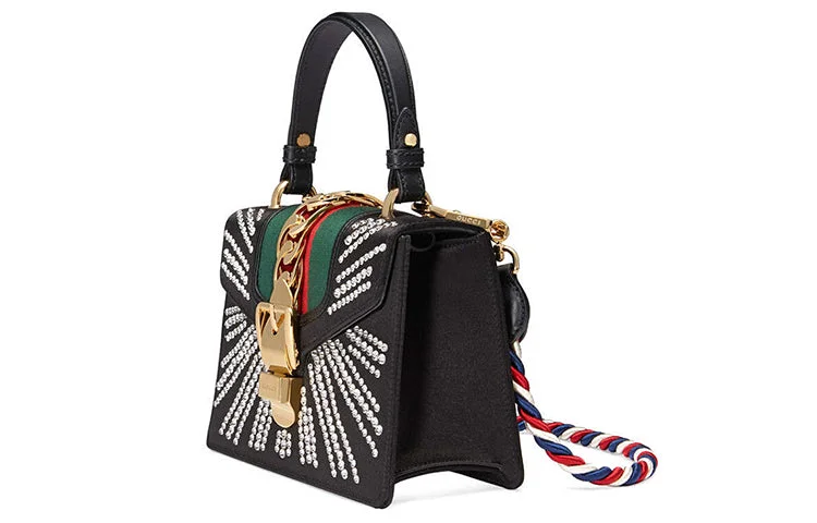 Gucci tote bags for women with a printed Gucci logo(WMNS) GUCCI Sylvie Gold Buckle Stripe Webbing Mini Black Handbag 470270-9AAQG-8720