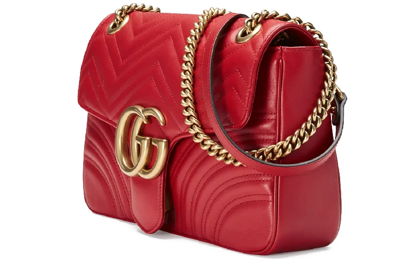 Gucci tote bags for women with a spacious interior(WMNS) GUCCI GG Marmont Gold Logo Distress Leather Chain Shoulder Messenger Bag Red Classic 443496-DTDIT-6433