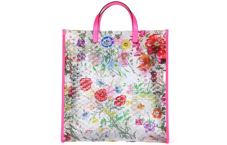 Women Gucci Sylvie bags featuring the signature web stripe(WMNS) GUCCI Metallic Tiger Head Adornment Flowers Printing PVC Tote Pink Handbag 548713-91EB0-8859