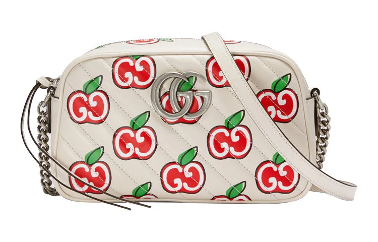 Women Gucci bags with interlocking G hardware for a classic look(WMNS) GUCCI GG Marmont Silver Logo Apple Pattern Leather Chain Shoulder Messenger Bag Small White / Red Valentine's Day limited 447632-1W9AN-9086