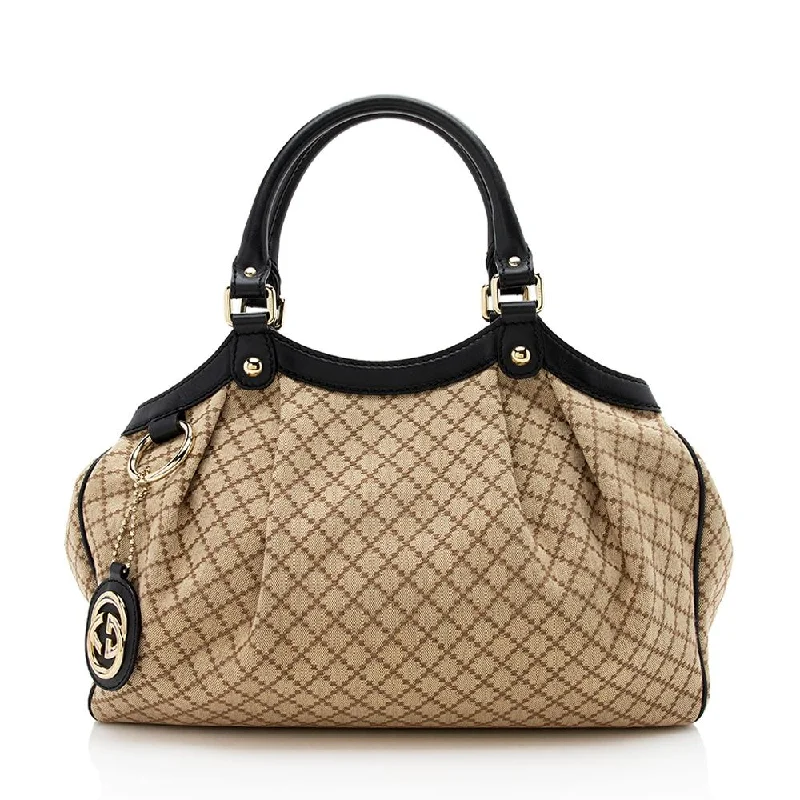 Women Gucci bags with a front - zip pocket for small itemsGucci Diamante Canvas Sukey Medium Tote