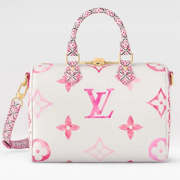 Louis Vuitton Twist bags with a contrast - colored interior for visual interestLouis Vuitton Women LV Speedy Bandoulière 25 Pink Monogram Coated Canvas Double Zip Padlock