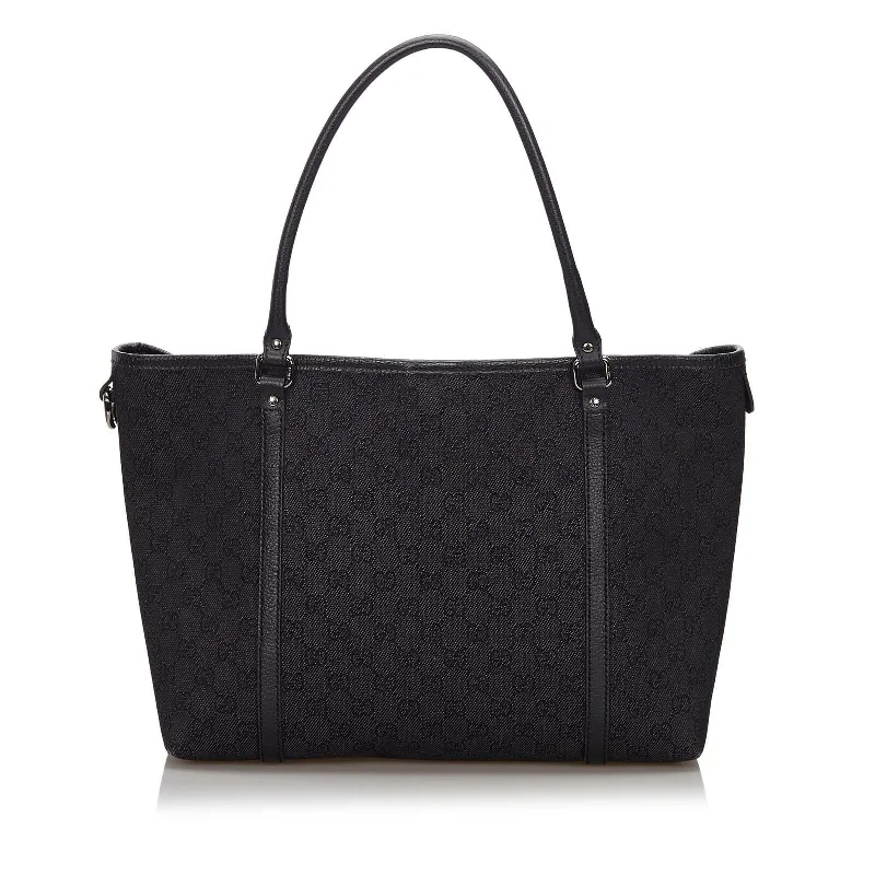 Women Gucci Sylvie bags with a crystal - embellished web stripeGucci Black Canvas Fabric GG Tote Bag Italy