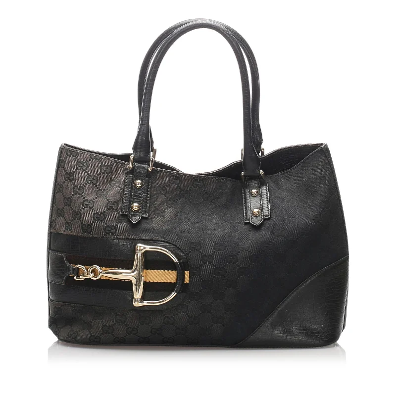 Women Gucci Sylvie bags with a monogram - embossed leatherGucci GG Canvas Hasler Tote (SHG-10051)