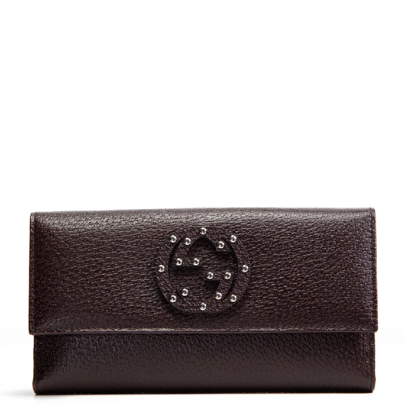 Gucci handbags for women with a beaded trimGUCCI Leather Studded Interlocking G Clutch/Wallet - Brown