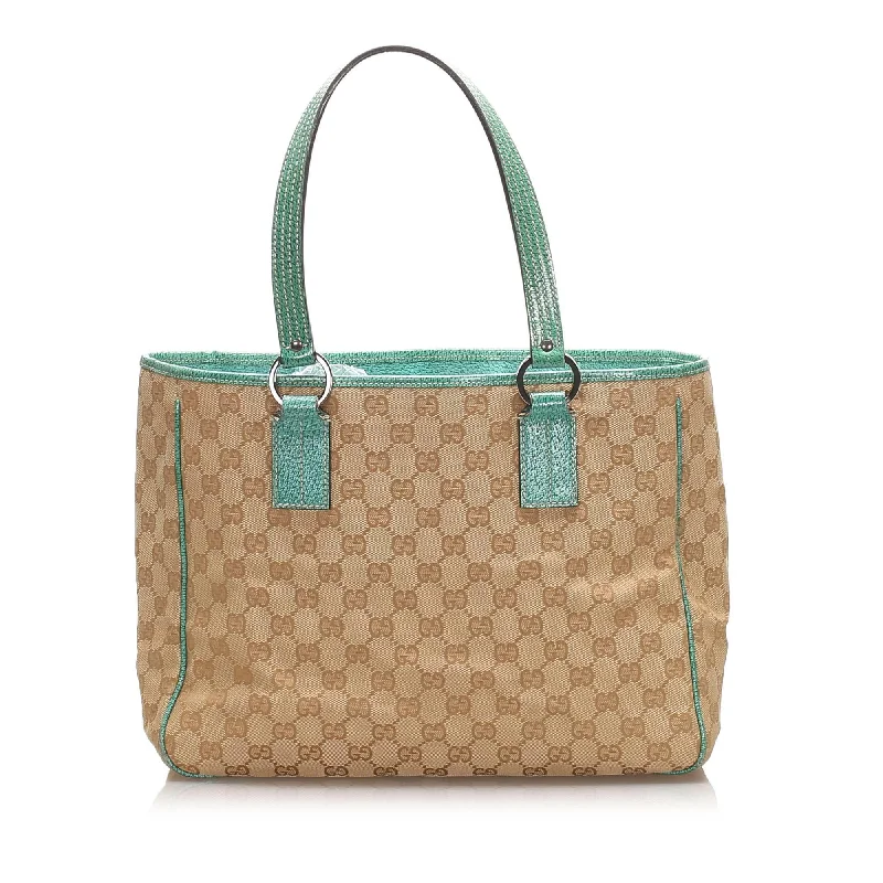 Women Gucci Sylvie bags with a leather - wrapped handleGucci GG Canvas Tote Bag (SHG-10887)