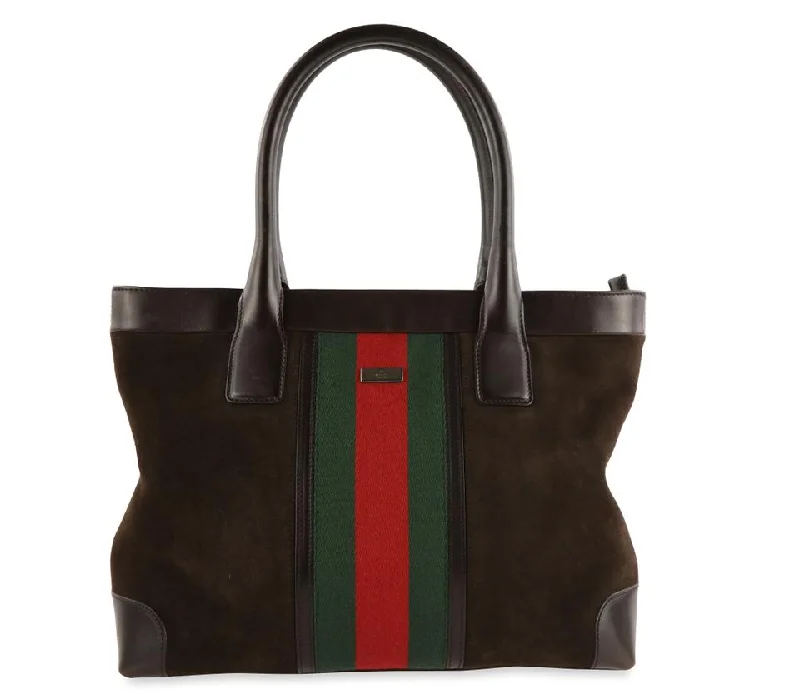 Women Gucci crossbody bags with a printed floral patternGucci Web Stripe Top Handle Suede and Leather Tote