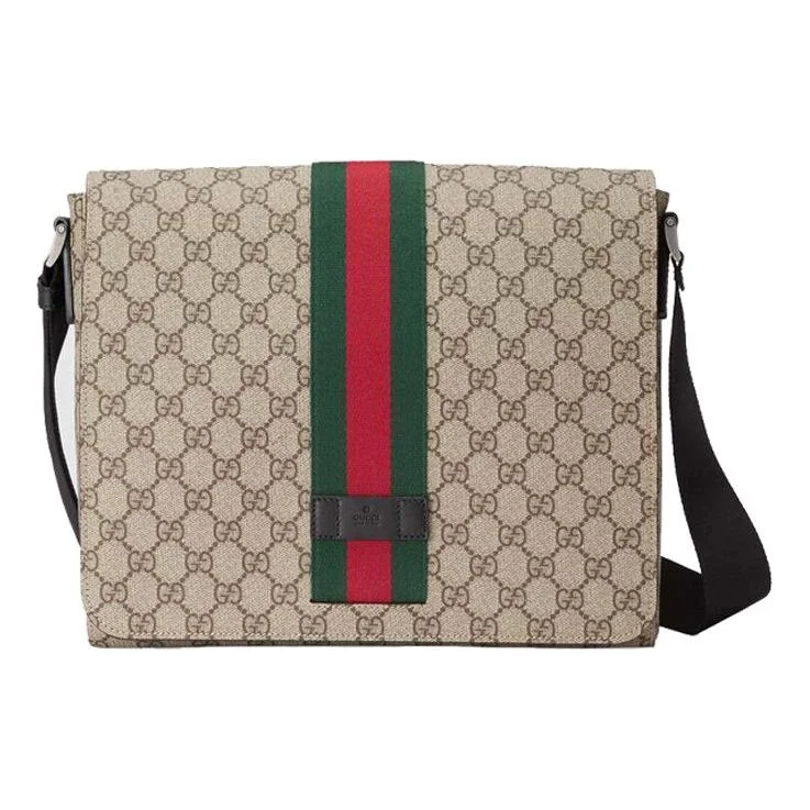 Women Gucci bags with a zippered interior pocketGUCCI Logo Stripe Webbing Leather Logo Canvas Shoulder Messenger Bag / Black 475432-KHNGN-9692