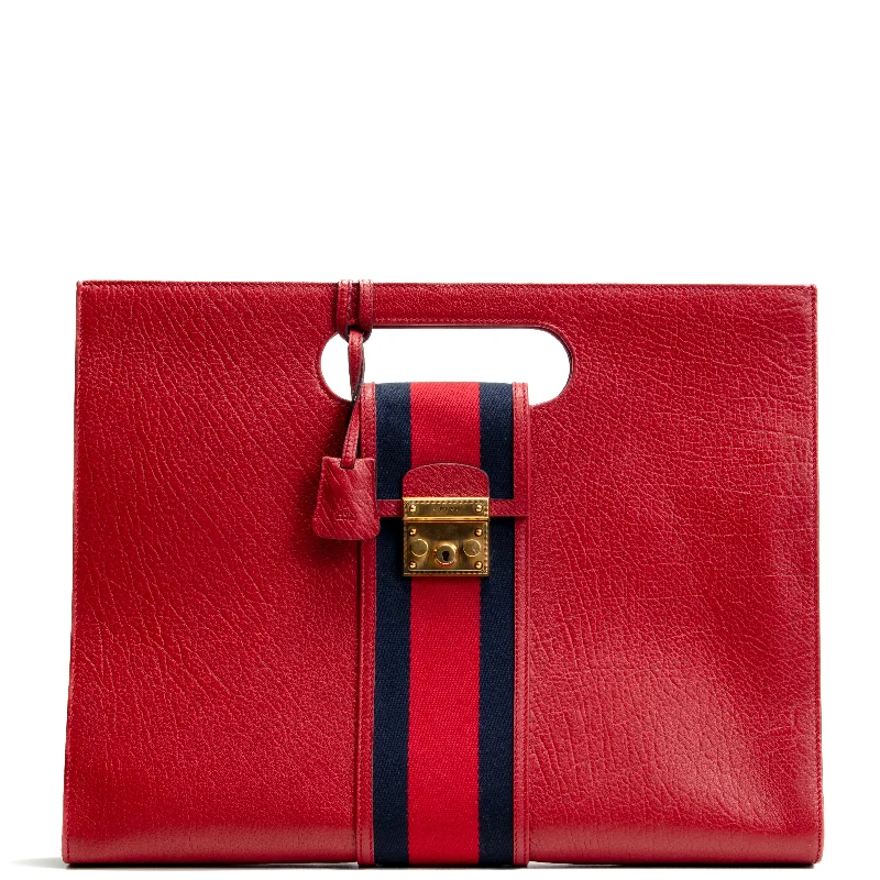 Gucci backpacks for women with a padded laptop compartmentGUCCI Calfskin Web Padlock Tote Maxi- Red