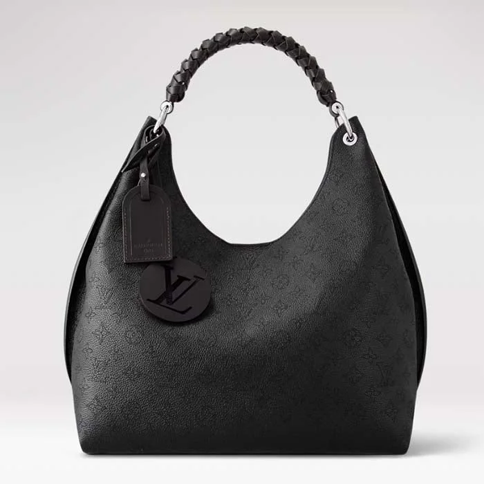 Louis Vuitton tote bags with a printed LV logo on the front for brand visibilityLouis Vuitton LV Women Carmel Hobo Bag Black Mahina Perforated Calf Leather