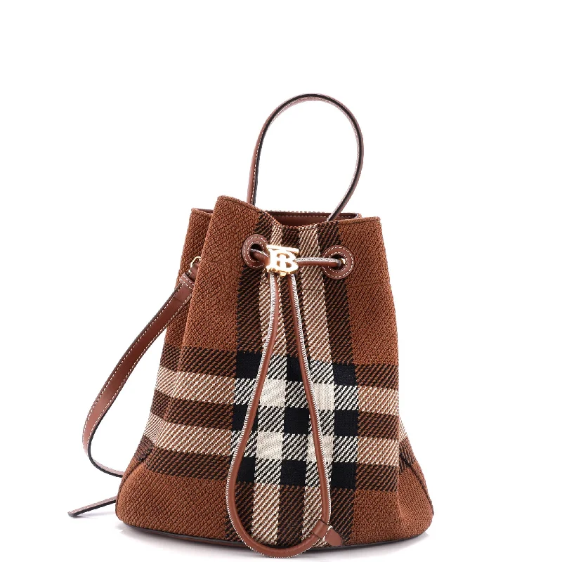 Sparkly Burberry Bags with Rhinestone EmbellishmentsTB Drawstring Bucket Bag Check Knitted Fabric Small