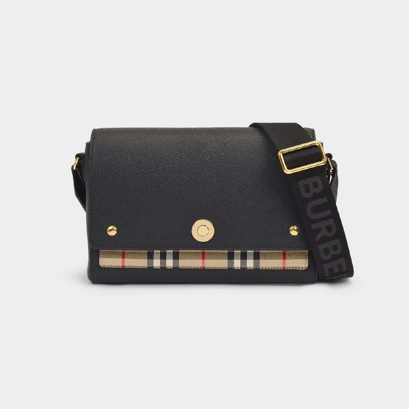 Miniature Burberry Crossbody Bags for Evening OutMedium Note Bag in Black Leather and Vintage Check