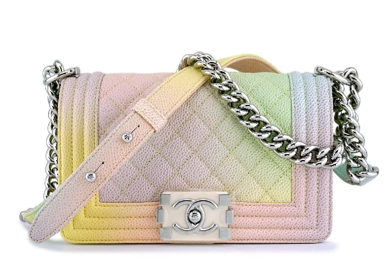 Chanel Handbag with Adjustable Strap for ComfortNew 18P Chanel Pastel Rainbow Caviar Classic Boy Flap Bag