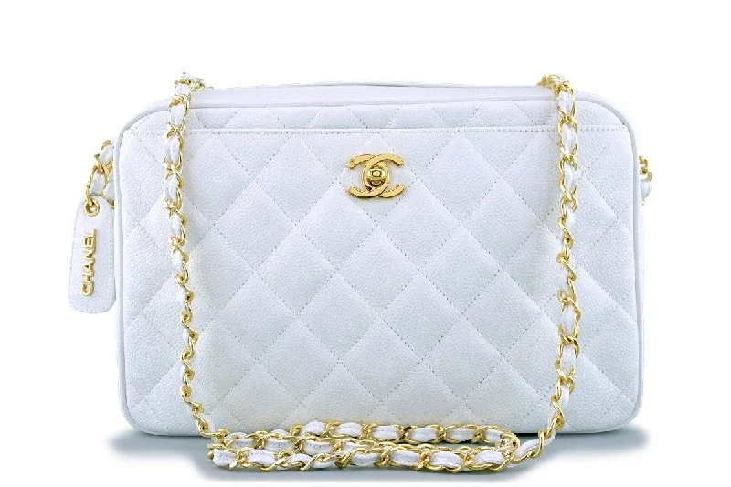 Chanel Designer Handbag with Unique DesignRare Pristine Chanel White Caviar Quilted Classic Camera Case Clasp Bag