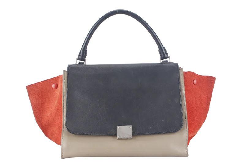 Sustainable and Ethical Celine Bags for Conscious ConsumersCELINE TRAPEZE BAG IN BEIGE TAUPE TRICOLOR LEATHER WITH BLACK FLAP ON ORANGE TOP SILVER HARDWARE WITH STRAPS AND DUST COVER