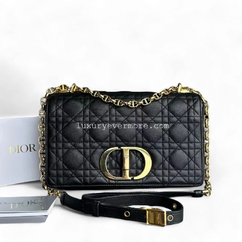 Christian Dior Saddle bags with a distressed leather finishCaro Medium 25CM Cannage Calfskin Black Golden Hardware