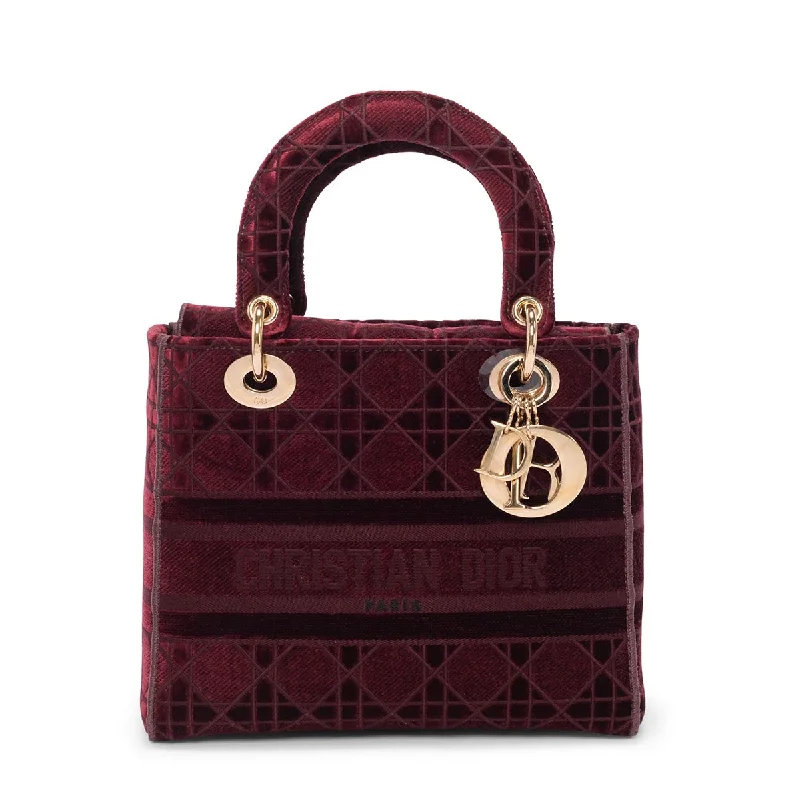 Christian Dior handbags with a removable shoulder strap for versatilityDior Burgundy Cannage Velvet Medium Lady D-Lite Bag