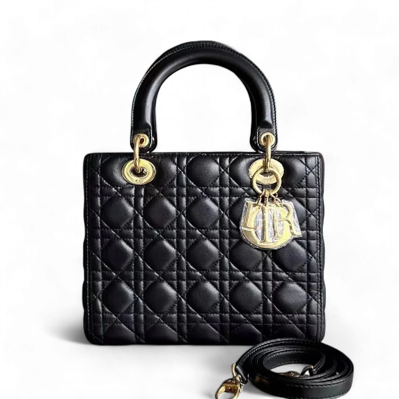 Trendsetting Christian Dior crossbody bags with a colorful strapDior Lady Medium Cannage Lambskin Black GHW