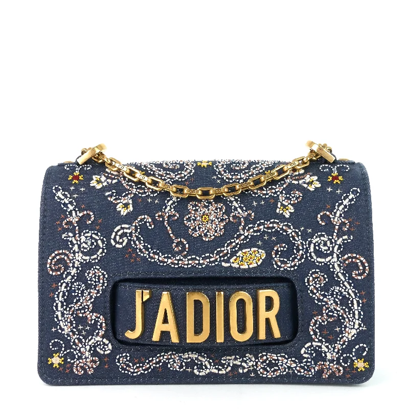 Christian Dior handbags with a detachable mirror for on - the - go touch - upsJ'Adior Medium Embroidered Denim Flap Bag