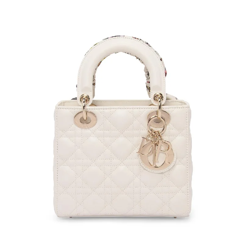 Christian Dior bags with a side - pocket for holding a water bottleDior White Lambskin Cannage My ABCDior Small Lady Dior Bag