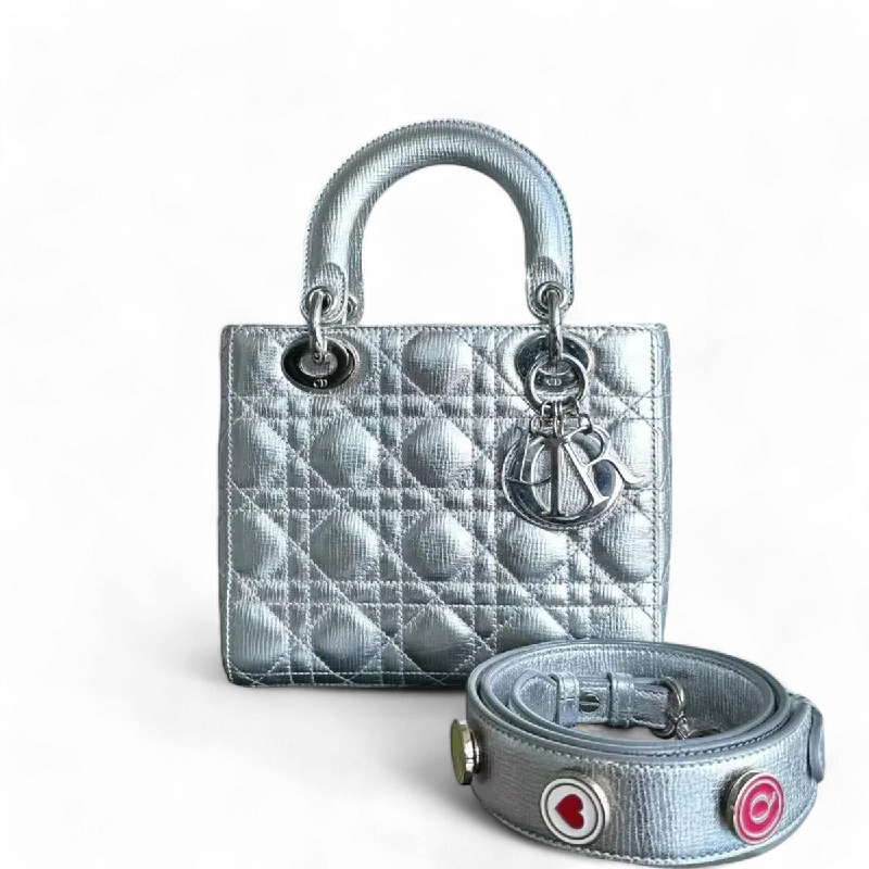 High - fashion Christian Dior bags with a geometric patternDior Lady Small - Metallic Calfskin Limited Edition Silver ABC Badge Charm SHW