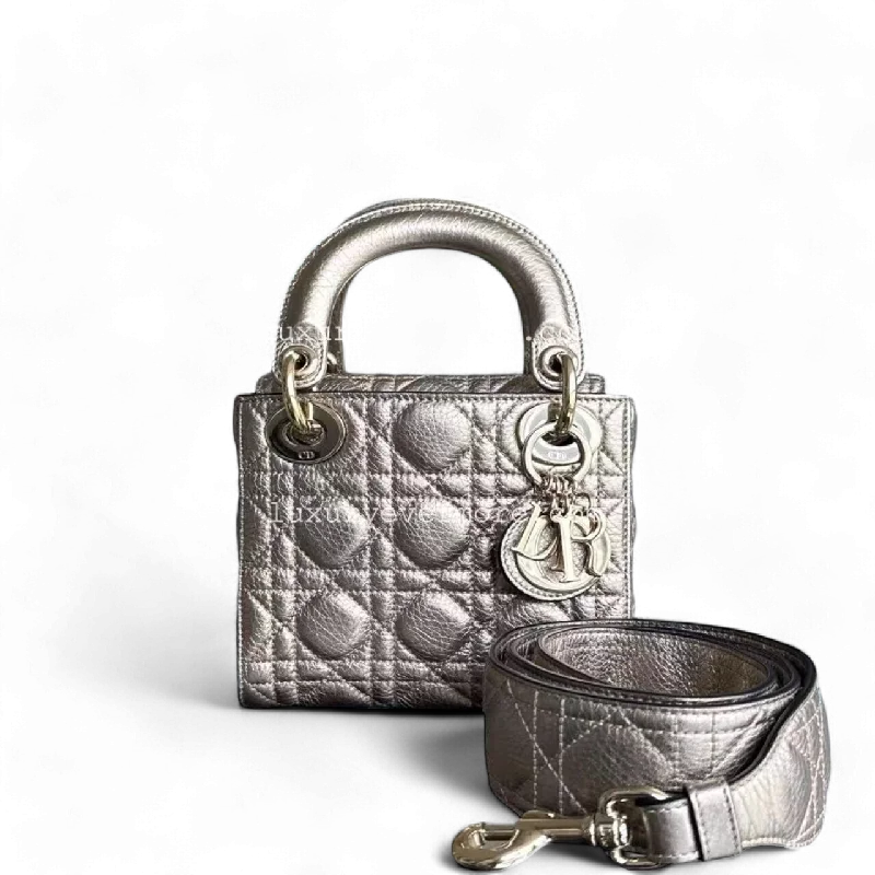 Christian Dior bags with a zip - top closure and multiple compartmentsDior Lady Mini - Cannage Calfskin Metallic Gold Golden Hardware