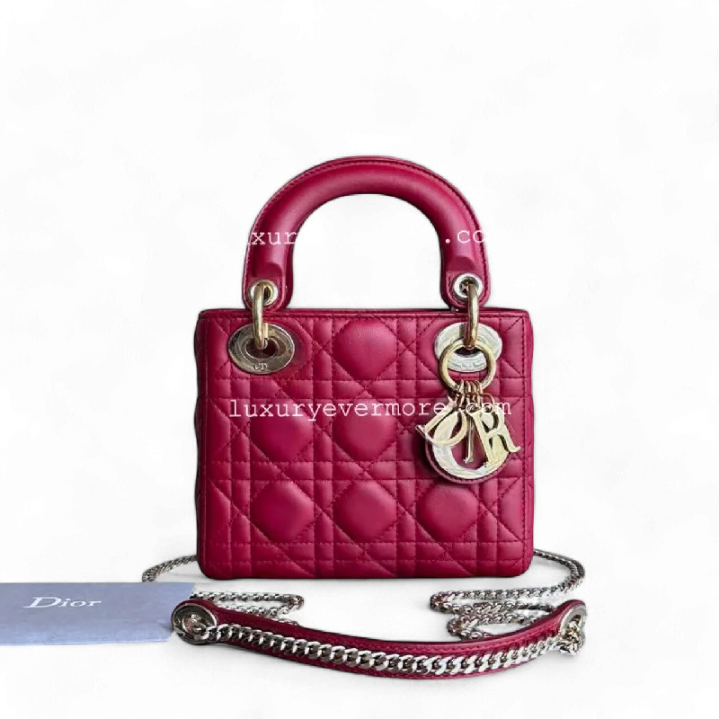 Christian Dior tote bags with a printed Dior logo on the frontDior Lady Mini - Cannage Lambskin Red Golden Hardware