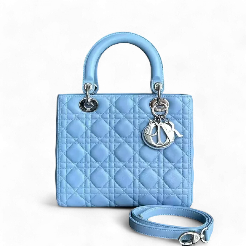 Christian Dior handbags with a detachable mirror for on - the - go touch - upsDior Lady Medium Cannage Lambskin Light Blue SHW