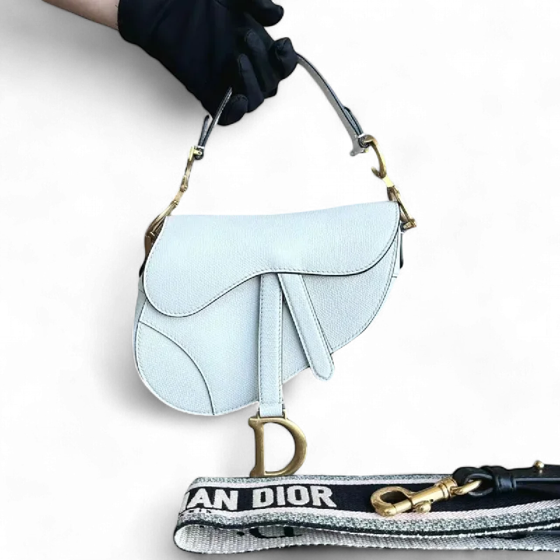 Christian Dior handbags with a back - pocket for quick storage*With Strap, Grained Calfskin* Dior Saddle Small 21CM Grained Calfskin White GHW