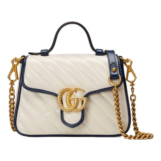 Gucci crossbody bags for women with adjustable leather straps(WMNS) GUCCI GG Marmont Gold Logo Colorblock Leather Chain handbag Mini White / Blue Retro 583571-0OLFX-9085